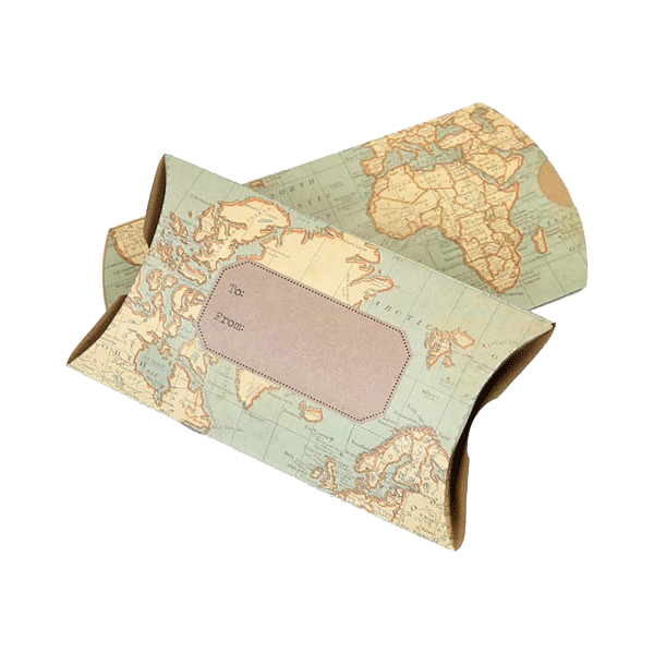 Pillow boxes with custom designs for gift packaging.